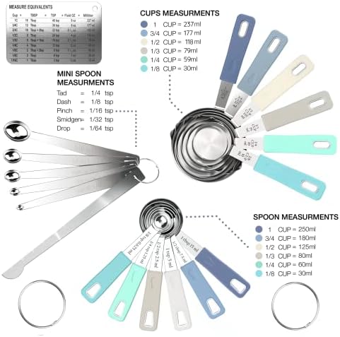 CuttleLab 22-Piece Stainless Steel Measuring Cups and Spoons Set, Tad Dash Pinch Smidgen Drop Mini Measuring Spoons, Measuring Stick Leveler, Measurement Conversion Chart Fridge Magnet, (Farmhouse)