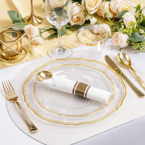Hioasis 350 Pcs Clear Gold Plastic Plates for Wedding & Party
