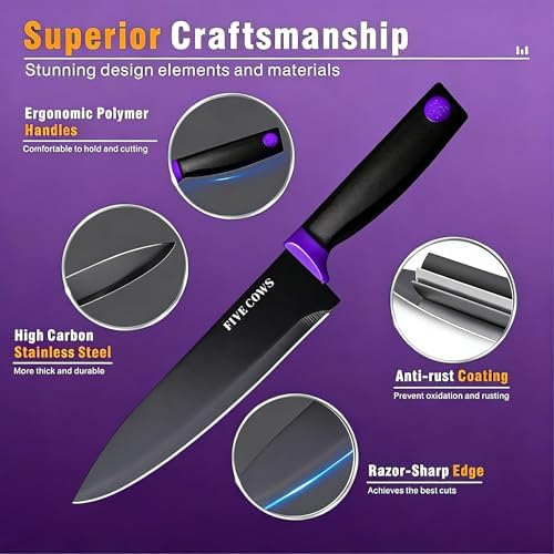 14 Pcs Kitchen Knife Block Set with Sharpener German High Carbon Stainless Steel Chef Knives, Razor-Sharp & Durable, Lightweight Anti-Slip Handle, Professional Set for Home & Kitchen (Purple)