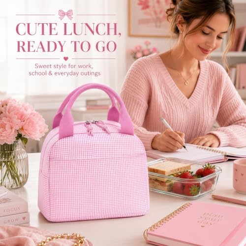 Bluboon Lunch Box for Women Cute Lunch Bag Reusable Insulated Lunch Bags Large Capacity Lunchbox Cooler for Work Picnic or Travel Gifts (Pink White checker, 10 x 7.5 x 8 inches)
