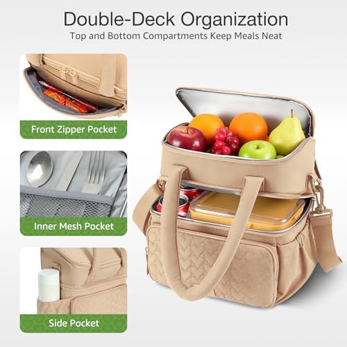 Double Deck Lunch Bag for Women, Camel-M
