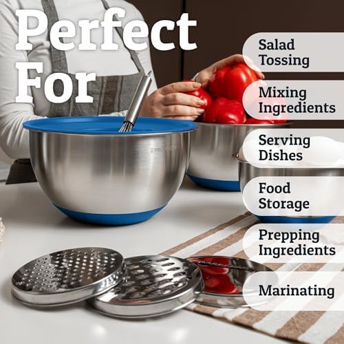 Priority Chef Stainless Steel Mixing Bowls with Lids Set, 3 Grater Attachments, Airtight Lids, Non-Slip Silicone Base Mixing Bowl Set, Large Prep Metal Mixing Bowls for Kitchen, Blue