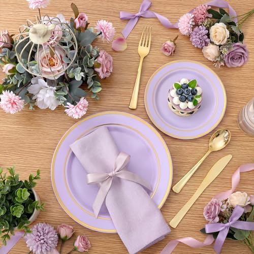 WDF Partyware 350PCS Purple Plates Disposable - Purple Plastic Plates 50Guests Lavender Disposable Dinnerware Sets with Rolled Napkins for Wedding/Birthday/Baby Shower/Bridal Shower