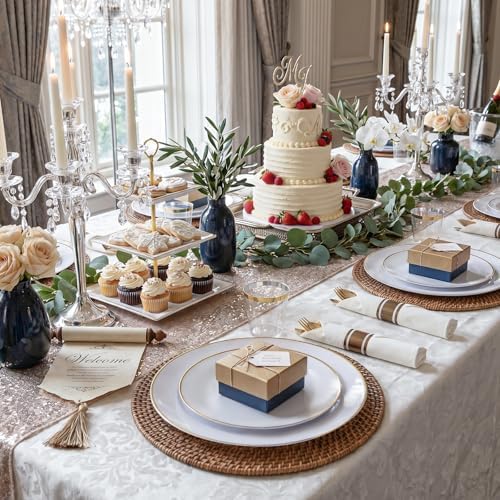 KIRE 60PCS Gold Plastic Plates - Heavy Duty White Disposable Plates with Gold Rim - Include 30Pieces 10.25inch Dinner Plate and 30Pcs 7.5inch Dessert Plate for Wedding/Party/Halloween/Thanksgiving