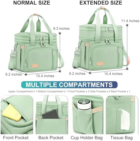 MAPLELILY Lunch Box for Men Women - Double Deck Insulated Lunch Bag, Large Leak Proof Tote Cooler, Wide Open Dual Compartment Lunch Bags with Shoulder Strap, For Work Picnic Hiking Beach, Green