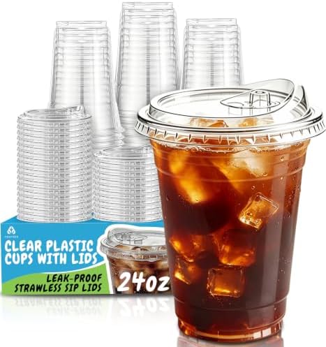 110 Pack 24 oz Disposable Clear Plastic Iced Coffee Cups with Lids