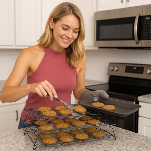 3-Tier Stackable Cooling Rack for Baking – 16" x 10" Carbon Steel Cookie Cooling Racks, Collapsible Space-Saving Design with Tight Grid, Dishwasher Safe – Dependable Industries