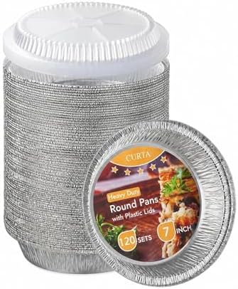 CURTA 7" Round Aluminum Foil Pans with Clear Lids | Heavy Duty | Great for Broiling, Baking, Storage, Roasting, Takeout, Air Fryer | 120 Pack