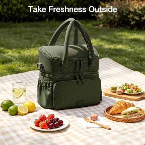 Double Deck Lunch Bag for Women, Green-M