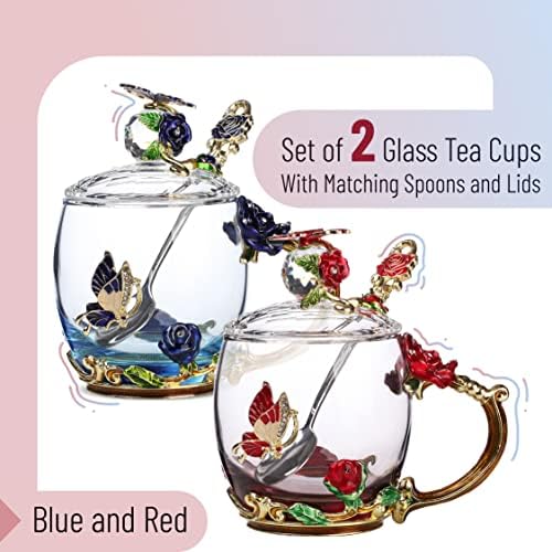 BTaT- Floral Glass Tea Cups with Lids & Spoon Set, Pack of 2, 11 oz, Blue & Red, Flower Design with Gift Box, Fancy Tea Cups, Dishwasher Safe