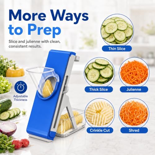 Safe Mandoline Slicer for Kitchen, Vegetable Slicer with Container, French Fry Cutter, All in 1 Julienne Slicer for Potato, Thickness Adjustable, Detachable Blade (Dark blue)