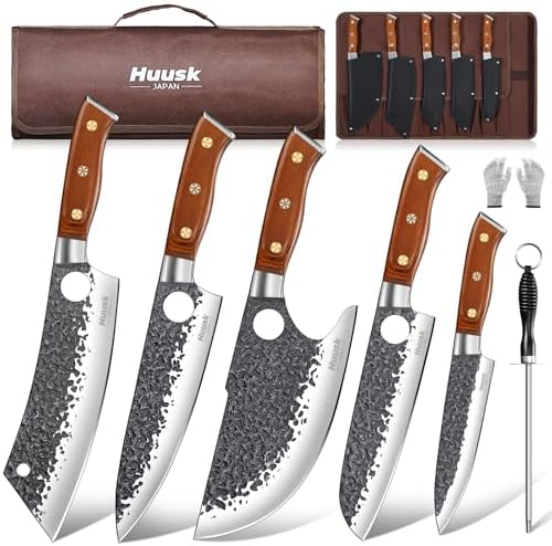 Huusk Butcher Knives for Meat, Hand Forged Carbon Steel Viking Kitchen Knife Set with Roll Bag, Meat Cleaver Chef Knife Sets for Cooking Camping BBQ, Gift for Men Husband