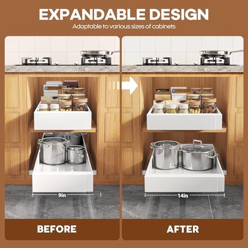 Seinloes 4 Pack Expandable Pull Out Cabinet Organizer 21" Deep with Raising Pad for Framed Cabinets,Upgrade 3 Slide Rails Slide Out Drawers,Roll Out Shelves Adhesive,Adjustable Width 9"-14.1" White