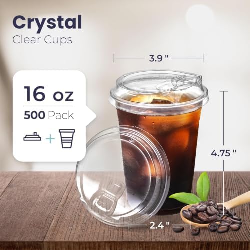 Fit Meal Prep [500 Pack] Disposable Strawless Plastic Cups with Lids - 16 Oz Clear and Sippy Lids, Perfect Eco-Friendly To Go for Iced Coffee, Smoothies, Soda Party Drinks Cafe Essentials