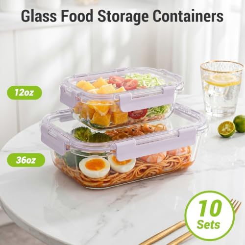10 Sets 36 oz & 12 oz Glass Food Storage Containers with lids, Purple