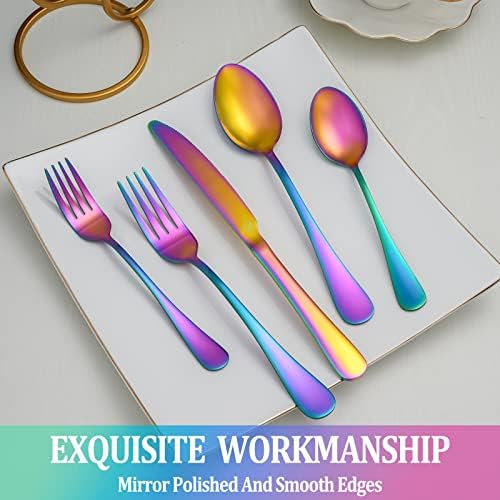 20 Pcs Rainbow Silverware Set Service for 4,Stainless Steel Flatware Serving Sets,Kitchen Tableware Set,Utensil Set for Home and Restaurant,Knives Forks Spoons Set,Mirror Polished,Dishwasher Safe