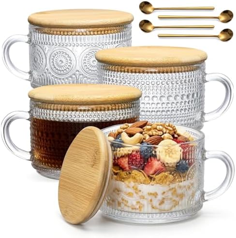 DOPUDO Vintage Glass Coffee Mugs,Overnight Oats Containers With Lids,Glass Cup With Sealed Lid and Spoon,Glass Coffee Mugs,Coffee Bar Accessories,Ideal for Cappuccino, Latte(4-Pack,14oz)