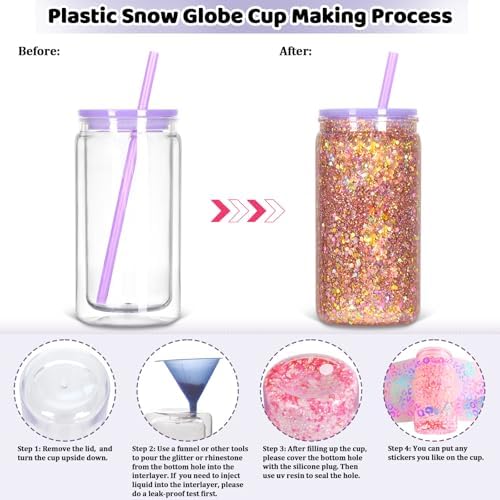 12 Pack Acrylic Snow Globe Tumbler with Pre Drilled Hole, 16 Oz Double Wall Plastic Can with Lid and Straw, Plastic Mason Jar Mug for Snow Globe Glitter DIY Gift (Mixed Colors)
