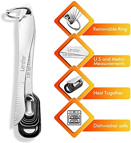 Rainspire Heavy Duty Measuring Spoons Set Stainless Steel, Metal Measuring Cups and Spoons Set for Dry or Liquid, Fits in Spice Jar, Home Gadgets Kitchen Gadgets, Set of 7 Including Leveler