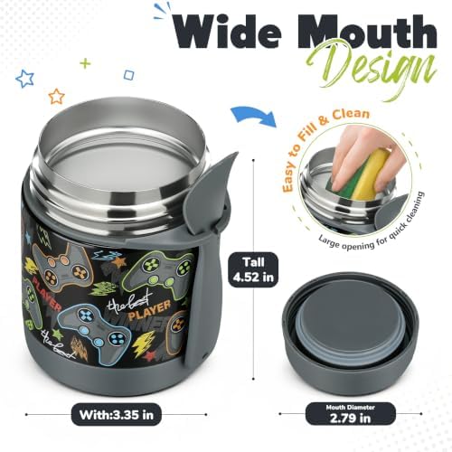 10oz Soup Thermo for Hot Food Kids,Lunch Thermo Kids Food Jar with Spoon Hot Insulated Food Containers,Leak Proof Stainless Steel Wide Mouth Lunch Food Thermo Jar for School(Black-Game Console)