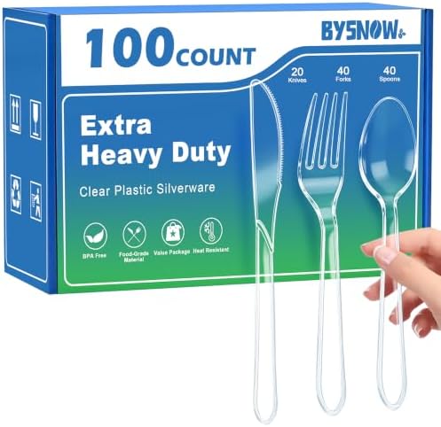 BYSNOW 100 Count Extra Heavy Duty Plastic Silverware Disposable Cutlery Set
