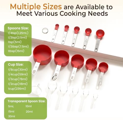16PCS Measuring Cups and Spoons Set, Measuring Spoon Set with Metric and US Measurements, Fits for Measuring Dry and Liquid (Red)