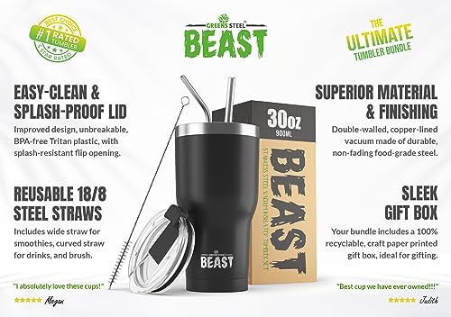 Beast 30 oz Tumbler Stainless Steel Vacuum Insulated Coffee Ice Cup Double Wall Travel Flask (Matte Black)
