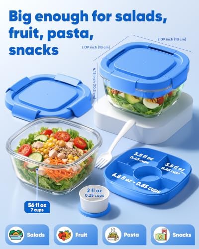Canfanni Glass Salad Container, 56oz Bowl with Airtight Lids, Tray, Fork