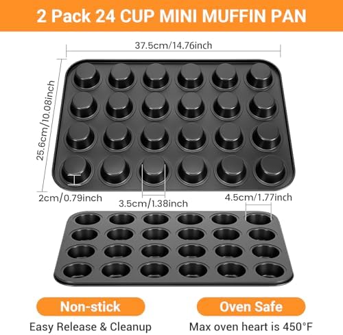 2 Pack Mini Muffin Pan Nonstick 24 Cup, Mini Cupcake Pans for Baking 24 Cups, Carbon Steel