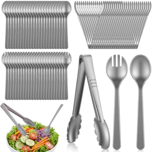 FoldTier 72 Pcs Disposable Plastic Serving Utensils Set Silver Serving Spoons Forks Tongs, Disposable Utensils for Party Weddings Birthday Dinner Buffets Banquets