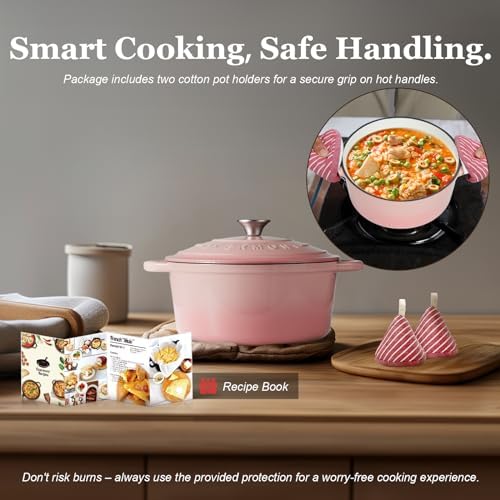 Overmont Enameled Cast Iron Dutch Oven - 4.5QT Pot with Lid Cookbook & Cotton Potholders - Heavy-Duty Cookware for Braising, Stews, Roasting, Sourdough Baking pink