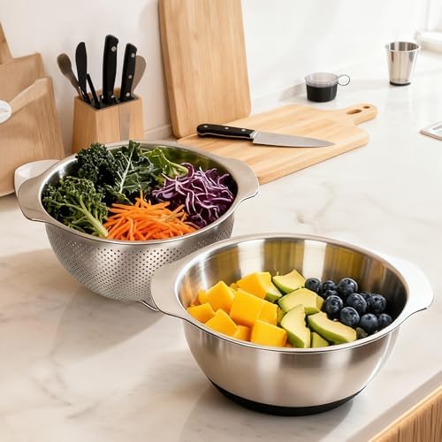 304 Stainless Steel Colander, 5 QT Large Capacity and 5QT Mixing Bowl, 2mm Micropore Strainer for Washing Rice, Fruit, and Veggies, Perfect Draining for Cooked Pasta