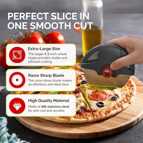 UHIYEE 4.3" Palm-Grip Pizza Cutter with Blade Cover for Thick Crusts, Gray