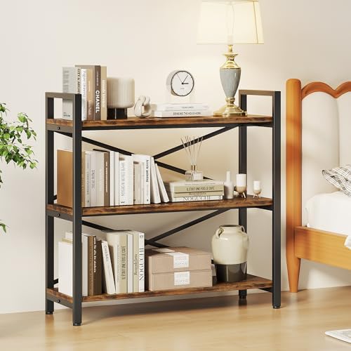 3 Tier Bookshelf 31.49" Width, Wood and Metal Etagere Bookcase, Vintage Farmhouse Modern Wooden Big Book Shelf for Home Living Room Bedroom Office Storage(Rustic Brown)