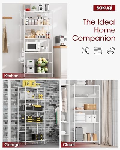 Sakugi Storage Shelves - 5 Tier Shelf Organizer, Heavy Duty Garage Shelving Unit with Leveling Feet, Stable Metal Shelves Organizer for Pantry, Kitchen and Closet, 33.0" W x 12.6" D x 72.0" H, White