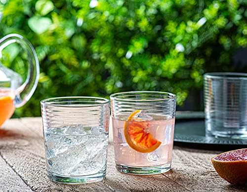 Le'raze Set of 16 Heavy Base Ribbed Durable Drinking Glasses Includes 8 Cooler Glasses (17oz) and 8 Rocks Glasses (13oz), Clear Glass Cups - Elegant Glassware Set