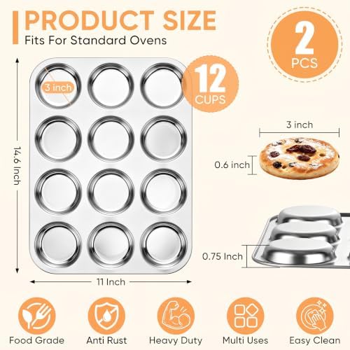 TeamFar Muffin Top Pan, 2 PCS 12 Cavity Stainless Steel Shallow Cupcake Pan