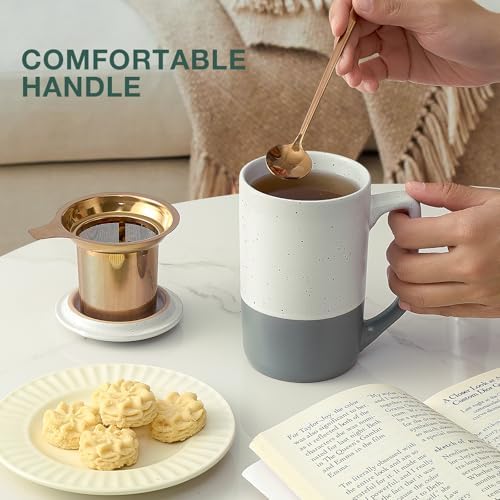 Gencywe Ceramics Large Tea Cup with Loose Leaf Infuser, Spoon and Lid, 16 oz Tall Coffee Mug, Microwave and Dishwasher Safe, Rustic Matte Ceramic Glaze, Tea Strainer (Gray)