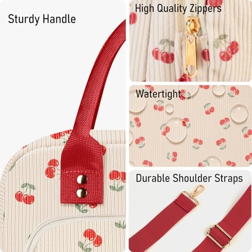 Lunch Bag Large Insulated Lunch Box for Women Men Adult Cute Cherry Lunchbox Corduroy Lunch Bags Boxes Pail with Shoulder Strap for Work Mom Picnic Office Travel 11.4×6.8×9.1 inches 11.5L