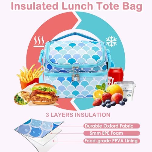 FlowFly Double Decker Cooler Insulated Lunch Bag Large Tote for Boys, Girls, Men, Women, With Adjustable Strap (Mermaid)