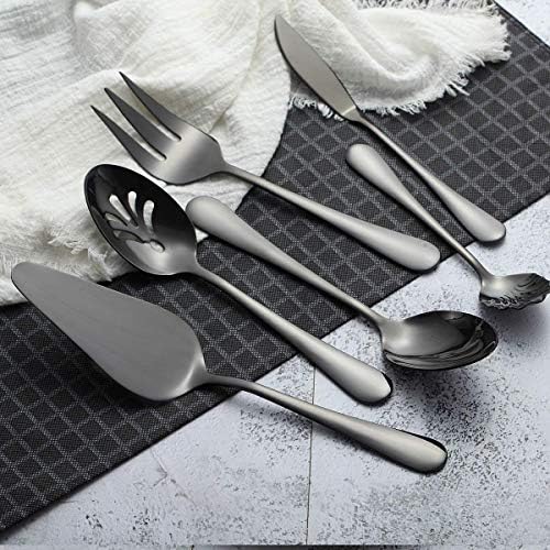 Berglander Stainless Steel Black Titanium Plated Flatware Serving Set 6 Pieces, 5 Serving Pieces of 45 Pieces Flatware With 1 Cake Server, Serving Silverware Set (Shiny Black)
