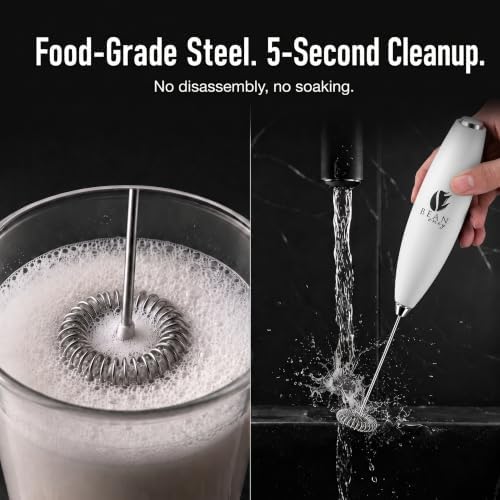 Bean Envy Milk Frother Handheld - Coffee Mixer Wand with Stand - White