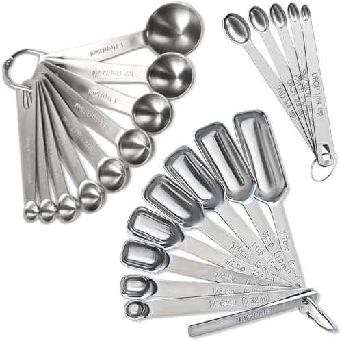 23 Pcs Stainless Steel Measuring Spoons Set with Leveler, Metal Round & Rectangular Spoons plus 5 Mini Teaspoons for Precise Cooking and Baking, Standard Sizes with Clear Engraved Markings