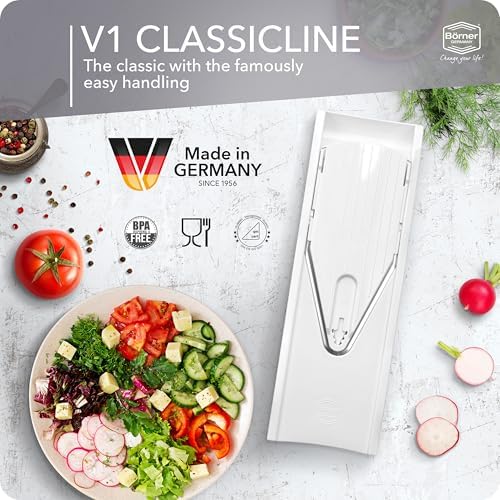Börner by Reston Lloyd Mandoline Slicer V1 (Starter Set) • V-Slicer with 5 Thickness Settings & Food Holder • Adjustable Kitchen Slicer for Vegetables & Fruits • Color: White