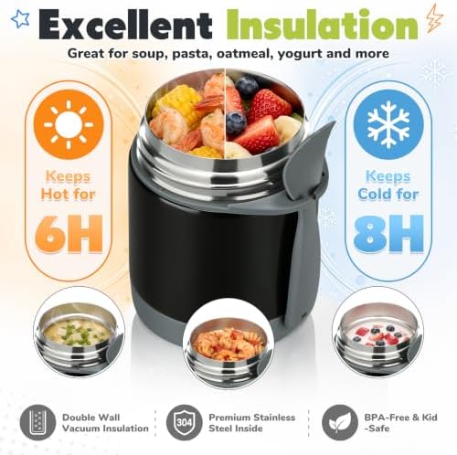 Howeemo 10oz Soup Thermo for Hot Food Kids,Lunch Kids Jar with Spoon Insulated Containers,Leak Proof Stainless Steel Wide Mouth Lunch School(Black)