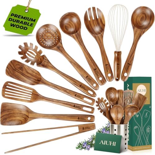 AIUHI 11-Piece Natural Teak Wood Kitchen Utensil Set with Holder, Wooden Spoons and Cooking Utensils for Nonstick Cookware, Includes Spatulas, Ladle and Whisk