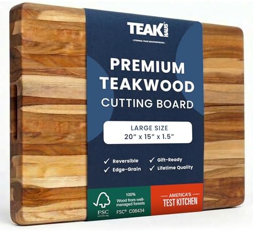 Teakhaus Cutting Board - Large (L) Teak Wood Cutting Board 20”L x 15”W x 1.5” Thick - Sustainably Harvested and FSC Certified - Knife Friendly with Natural Oil Finish
