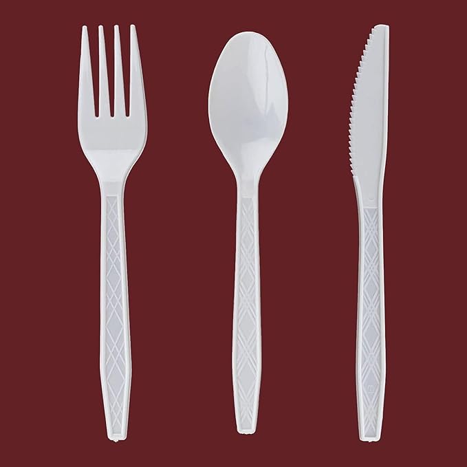 PARTY BARGAINS Argyle White Plastic Cutlery Set 360-Piece – 180 Forks, 120 Spoons, 60 Knives – Heavy-Duty Disposable Utensils for Parties, Weddings, Buffets, BBQs & Catering – BPA Free