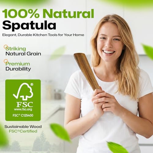 AIUHI 10 Inch Wooden Spatula for Cooking, Premium Teak Spatula Turner, Non-Stick Safe Wooden Egg Flipper, Premium Cooking Utensils for Kitchen