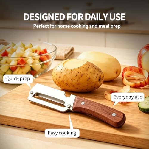 Multi-Functional Vegetable Peeler for Kitchen, Ultra-Sharp Stainless Steel Blade with Wooden Handle and Bottle Opener,2-in-1 Stainless Steel Kitchen Tool for Fruit Apple Potato Pumpkin Papaya